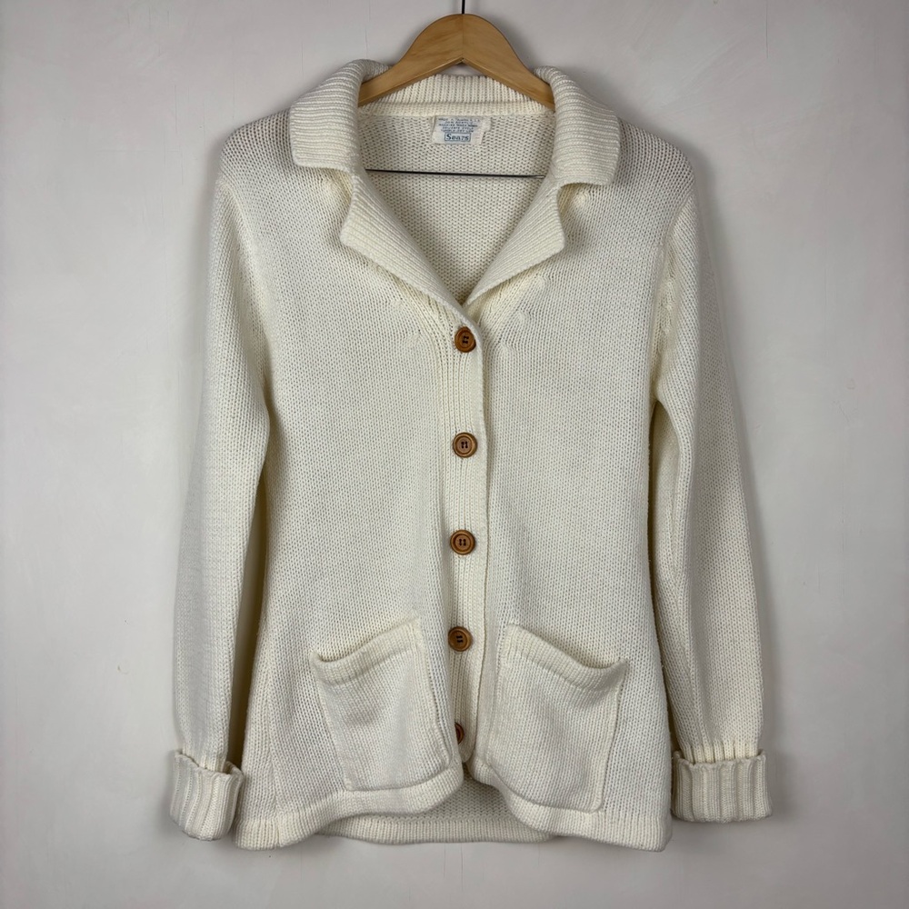 Vintage 1970s Sears Women’s Cream Acrylic Knit Cardigan Grandma Chic Minimalist